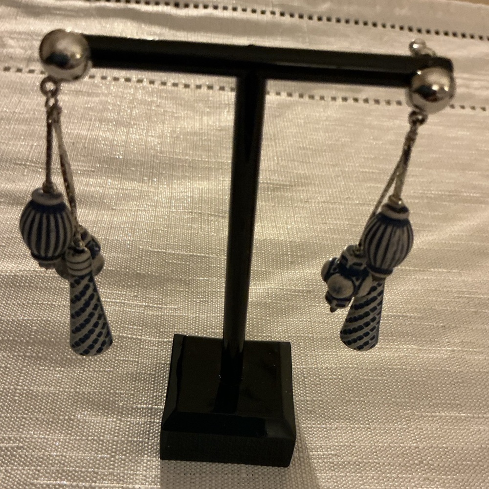 Blue Chinoiserie Style Sterling Silver Drop Earrings